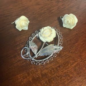 Vintage Beau Sterling and Ivory Rose Brooch& Earning